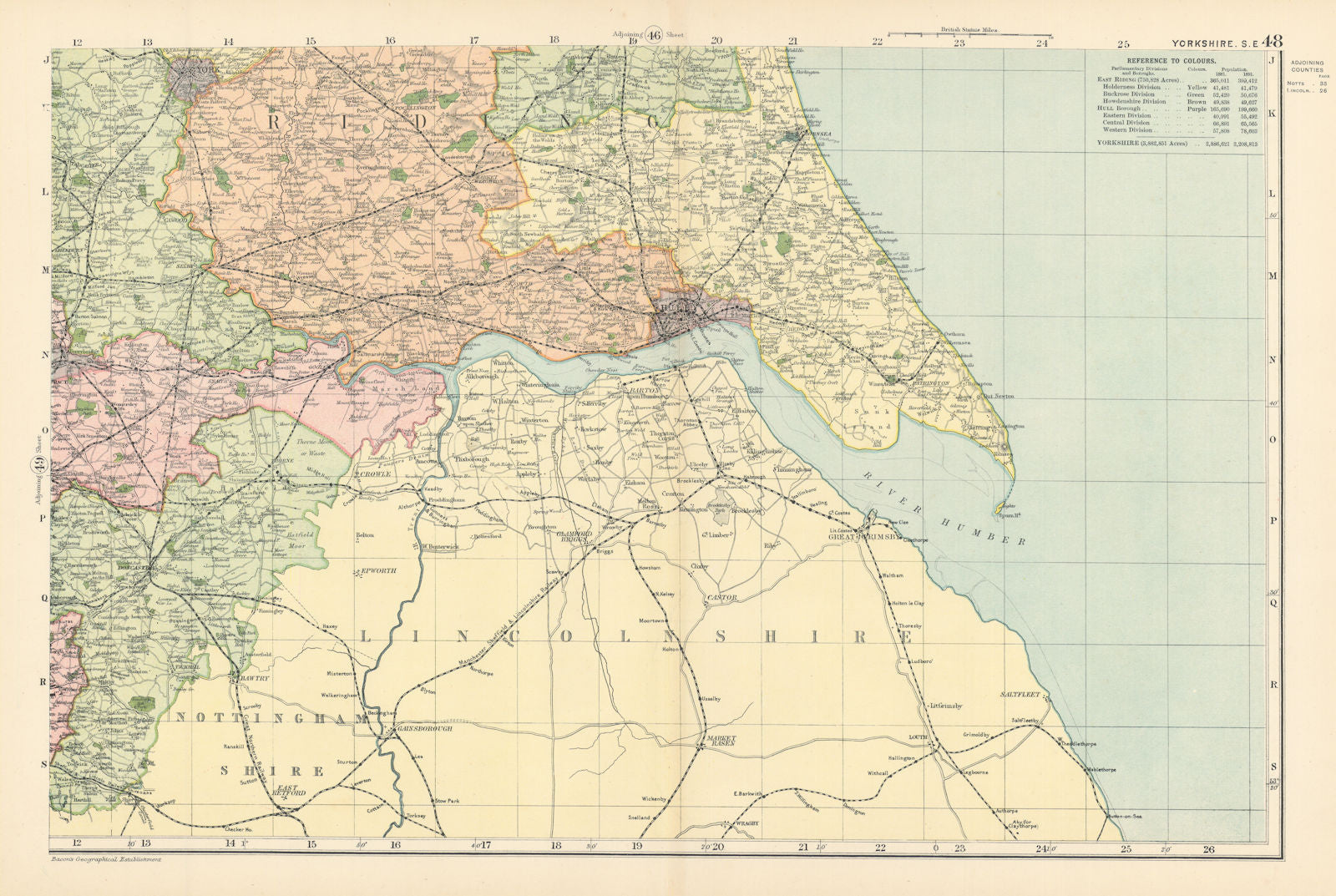 YORKSHIRE (South East) Hull York antique county map by GW BACON 1895 old